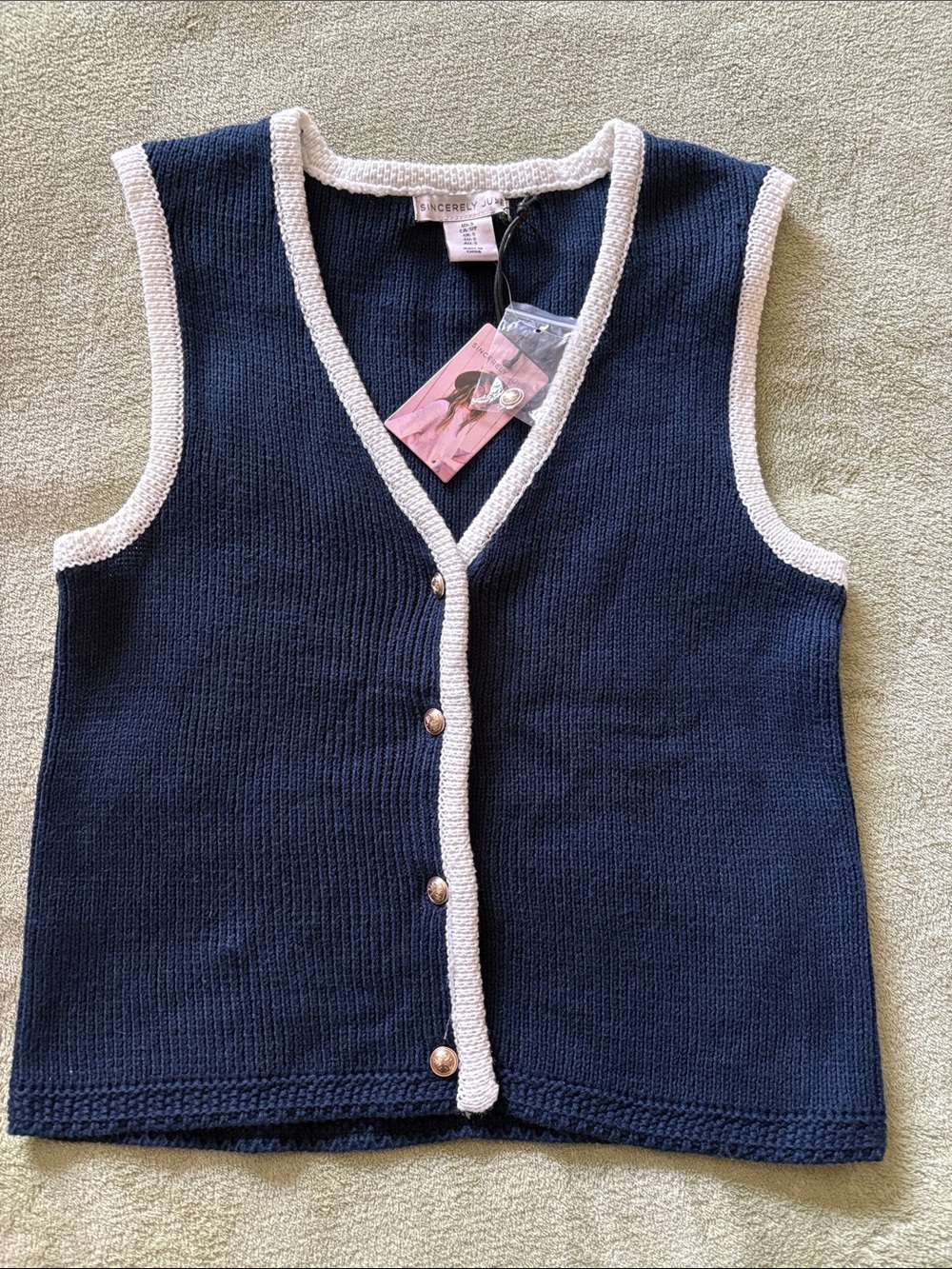 Sincerely Jules sleeveless Navy Knit Cardigan Vest with Cream Trim